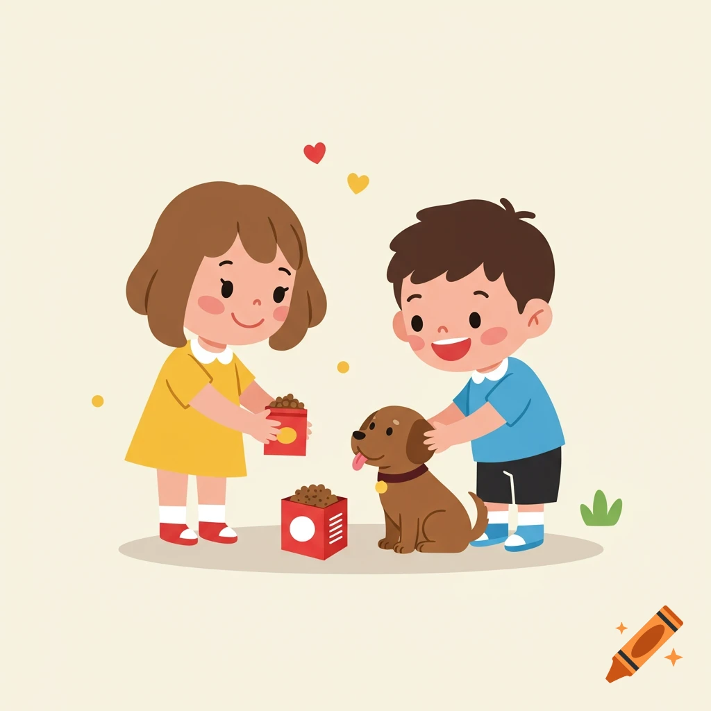 A cartoon illustration shows a girl and a boy feeding and petting a brown  dog with hearts floating above them. on Craiyon, image size:1024x1024