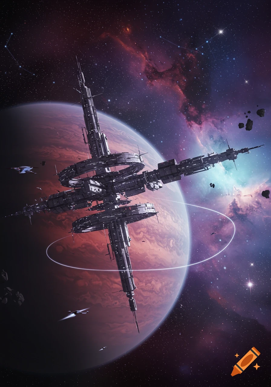 A massive, intricate deep space station orbits a large, reddish-brown planet against a vibrant cosmic nebula.