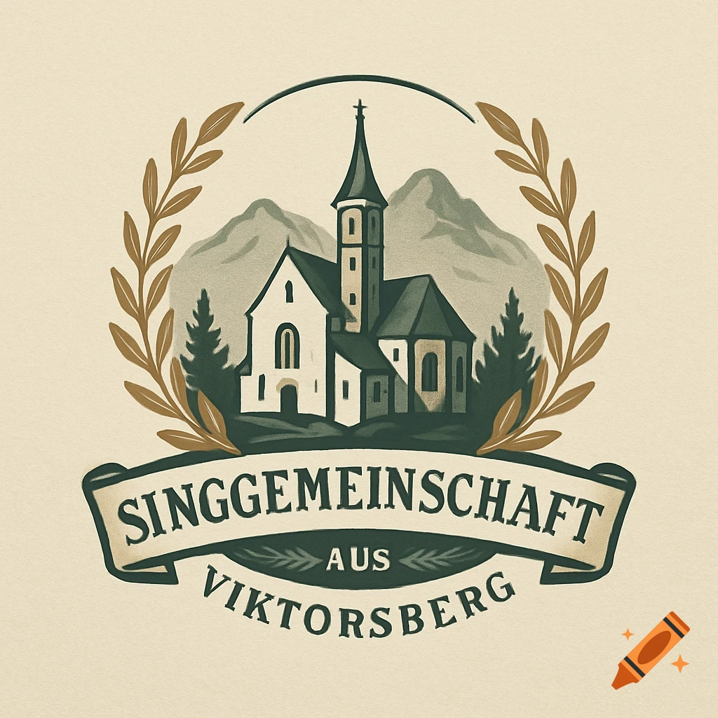 Classic logo for a singing community from Viktorsberg with a church, mountains, olive branches, and text.