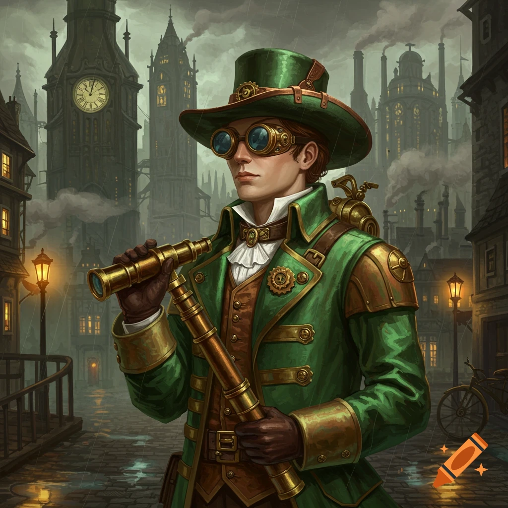 A steampunk scout in a green coat and goggles holds a telescope in a rainy, industrial city with large clock towers.