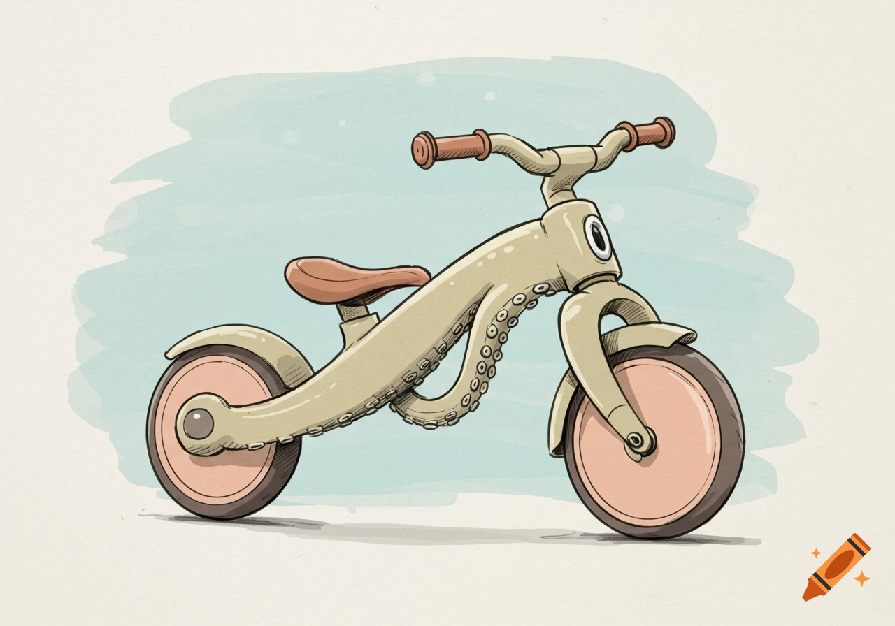 A cartoon-style balance bike shaped like a beige octopus with brown handles and seat, and pink wheels, on a light background.