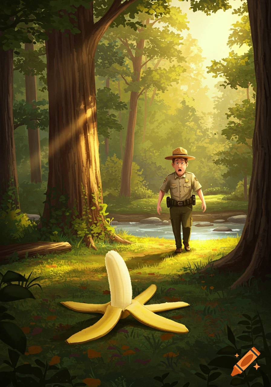 A cartoon park ranger looks shocked at a peeled banana lying on the forest floor in a sunny clearing.