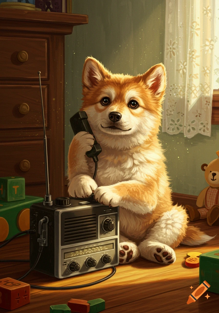 A cute fluffy brown and white corgi puppy sits by a vintage radio, holding an old telephone receiver to its ear in a warm, detailed illustration of a child's room.
