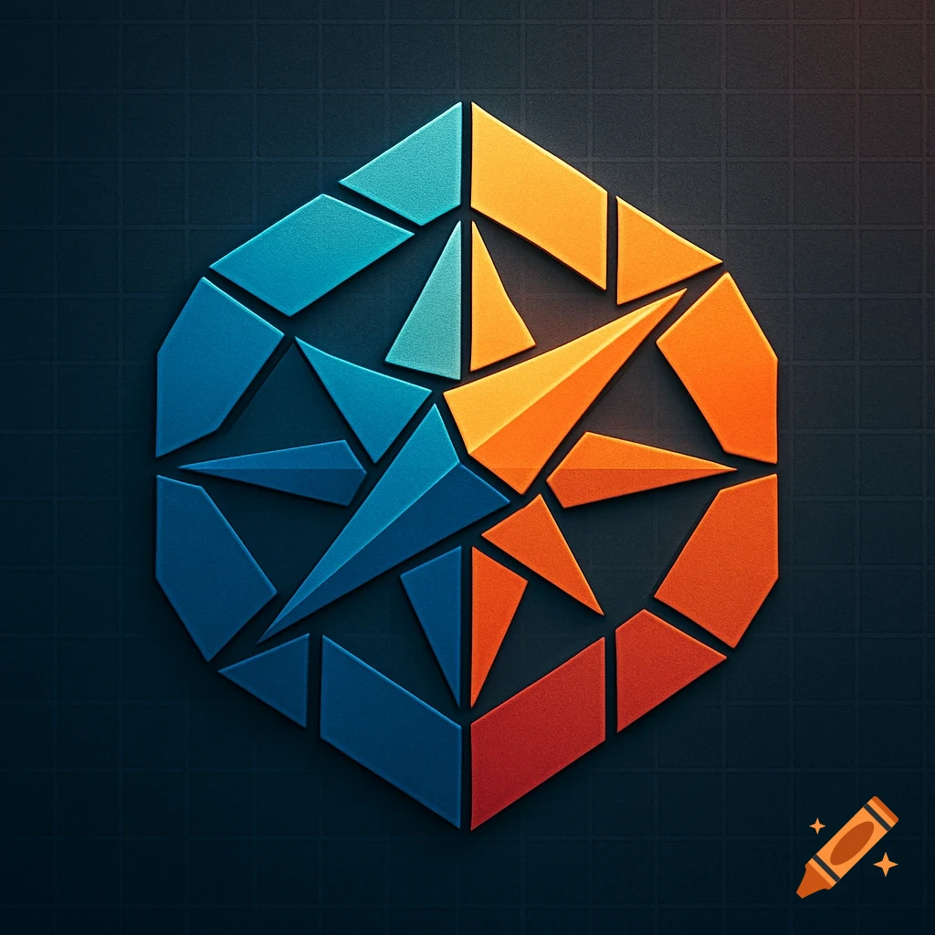An abstract geometric logo in blue, orange, and red, composed of faceted polygonal shapes on a dark grid background.