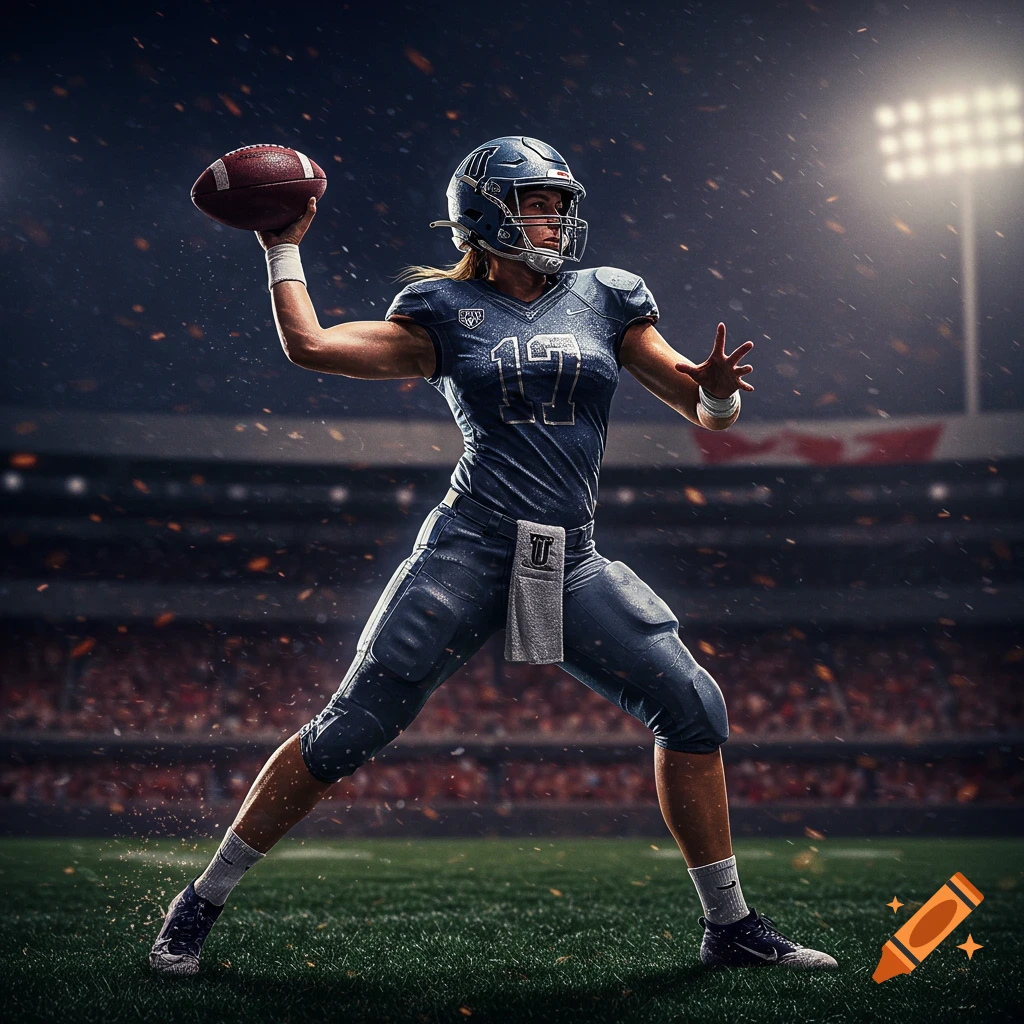 A female quarterback in a blue uniform, number 17, is about to throw a football in a stadium under bright lights. Photorealistic style.