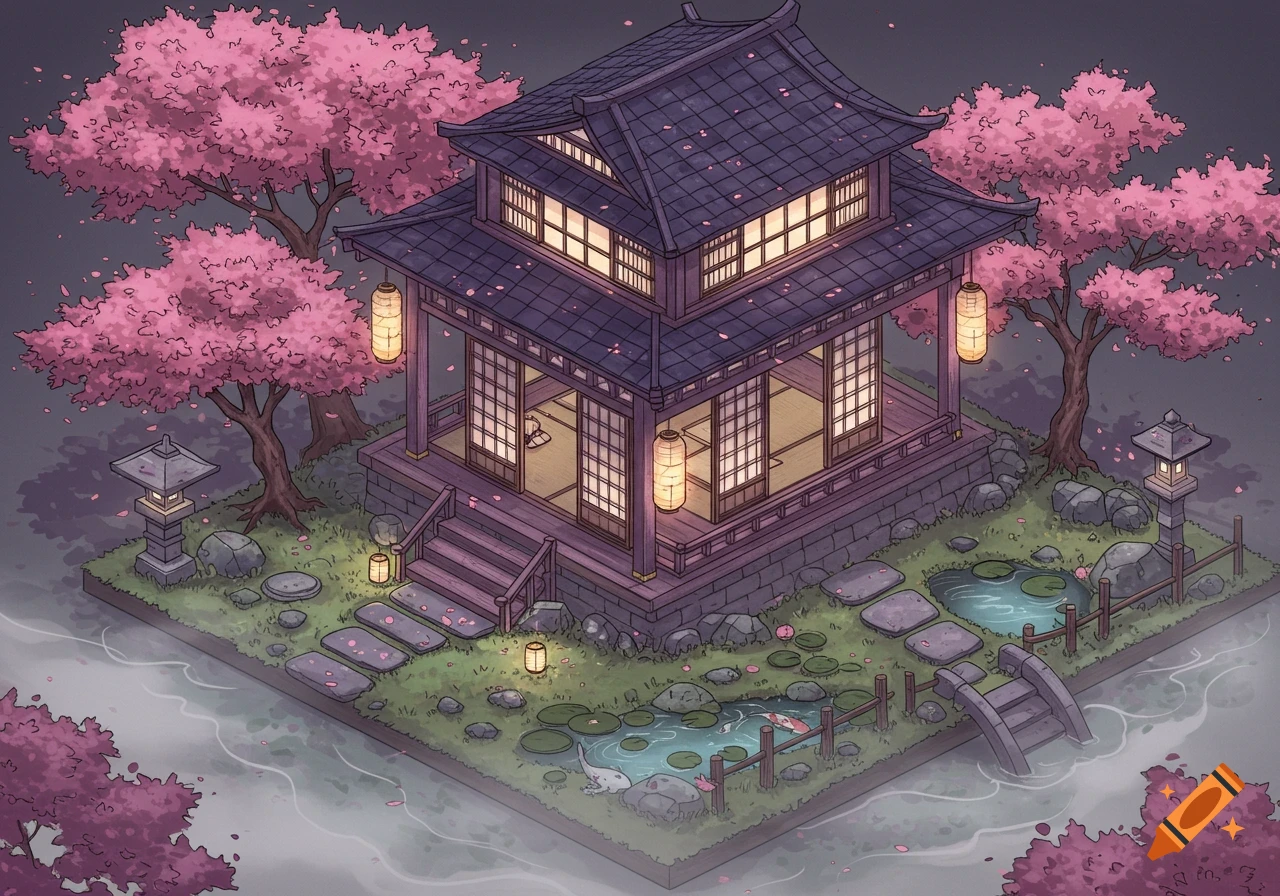 Isometric illustration of a Japanese house with cherry blossoms, a garden, koi pond, and stream in a serene twilight scene.