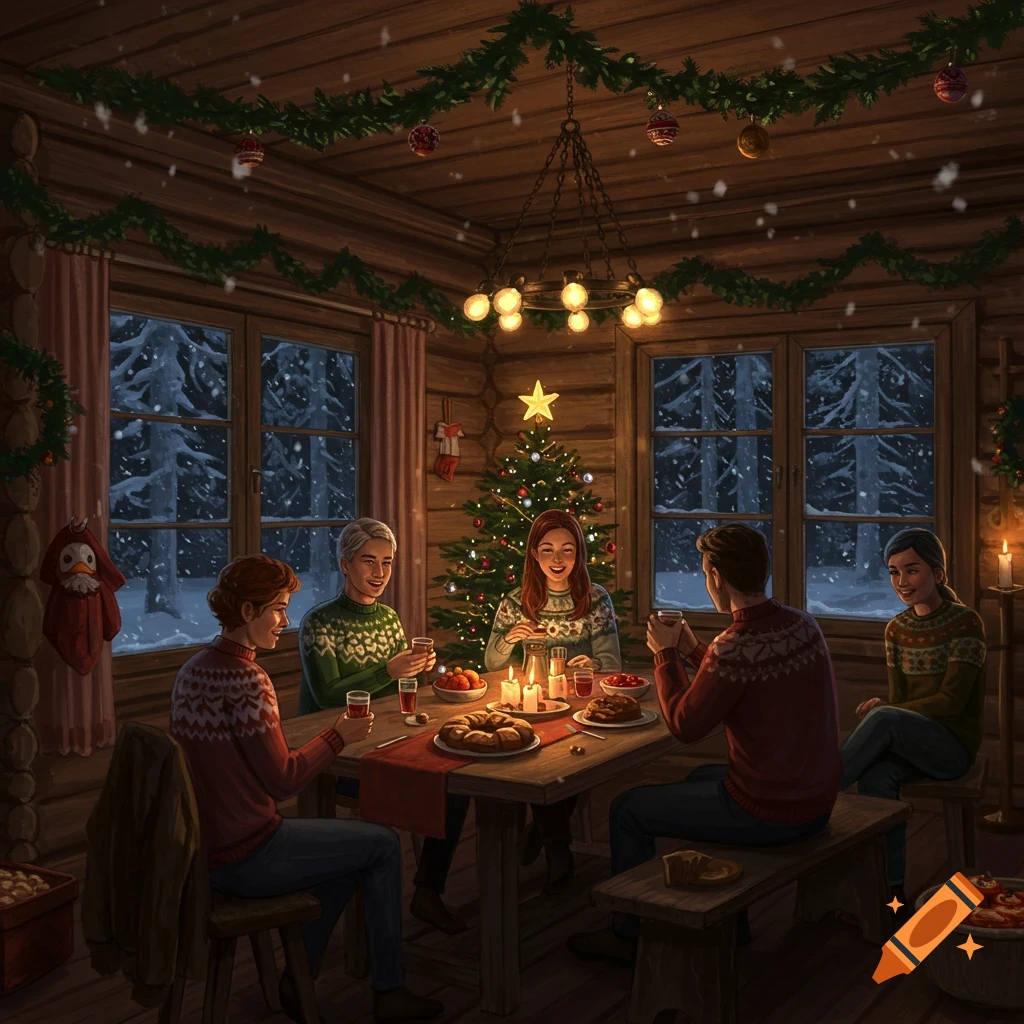 Illustration of five people in festive sweaters enjoying a cozy Christmas dinner in a log cabin with a decorated tree and snowy windows.