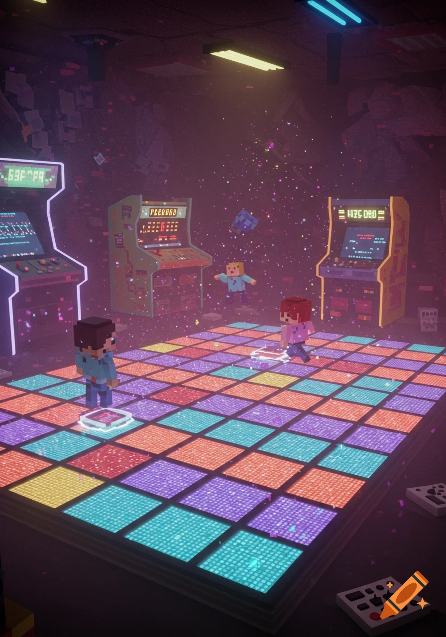 A pixel art scene of blocky characters dancing on a colorful light-up disco floor in an arcade, surrounded by several arcade machines.