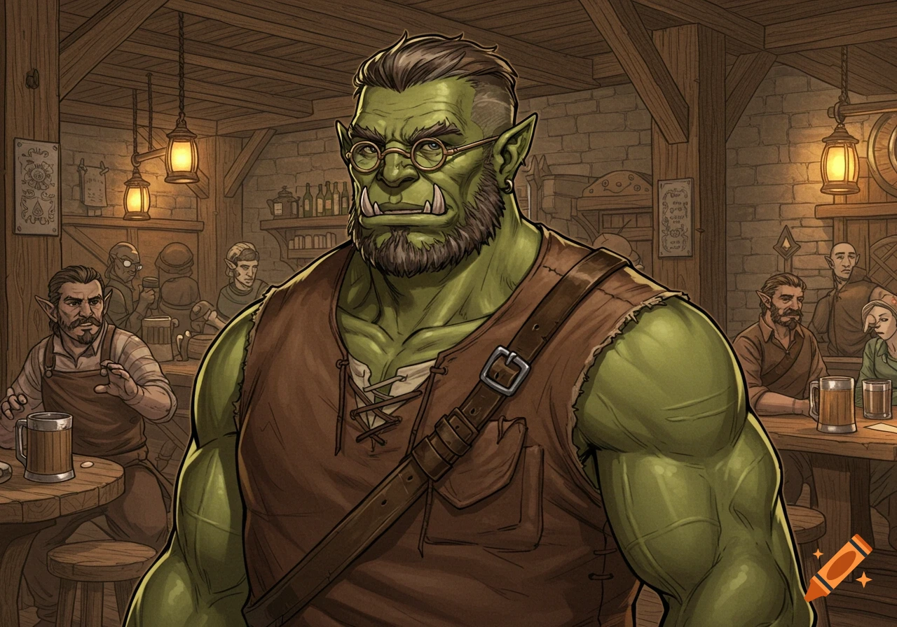 Manga-style drawing of a green-skinned half-orc man with glasses, a goatee, and tusks, standing in a lively tavern.