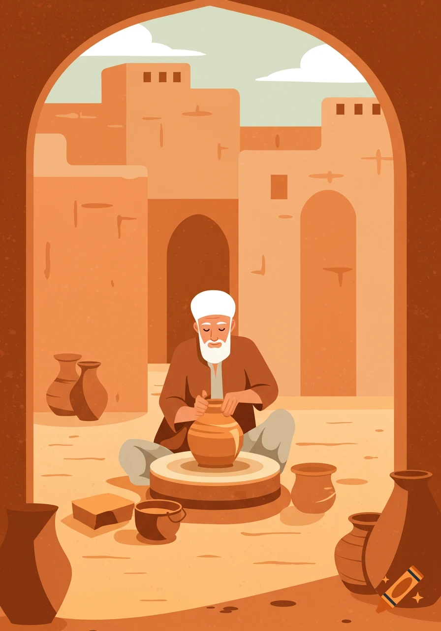 Flat vector illustration of an old man making pottery at a wheel, framed by an archway, with a minimalist Persian background.