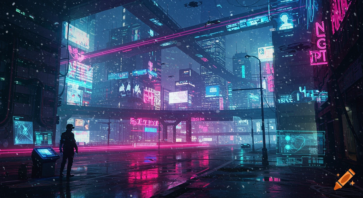 A person stands in a neon-lit cyberpunk city during a snowfall, surrounded by glowing signs and flying vehicles.