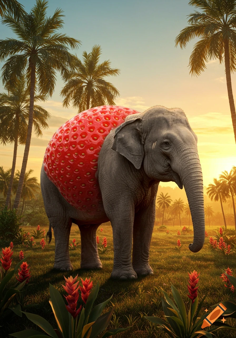 A photorealistic elephant with a red, textured strawberry body stands in a tropical field with palm trees at sunset.