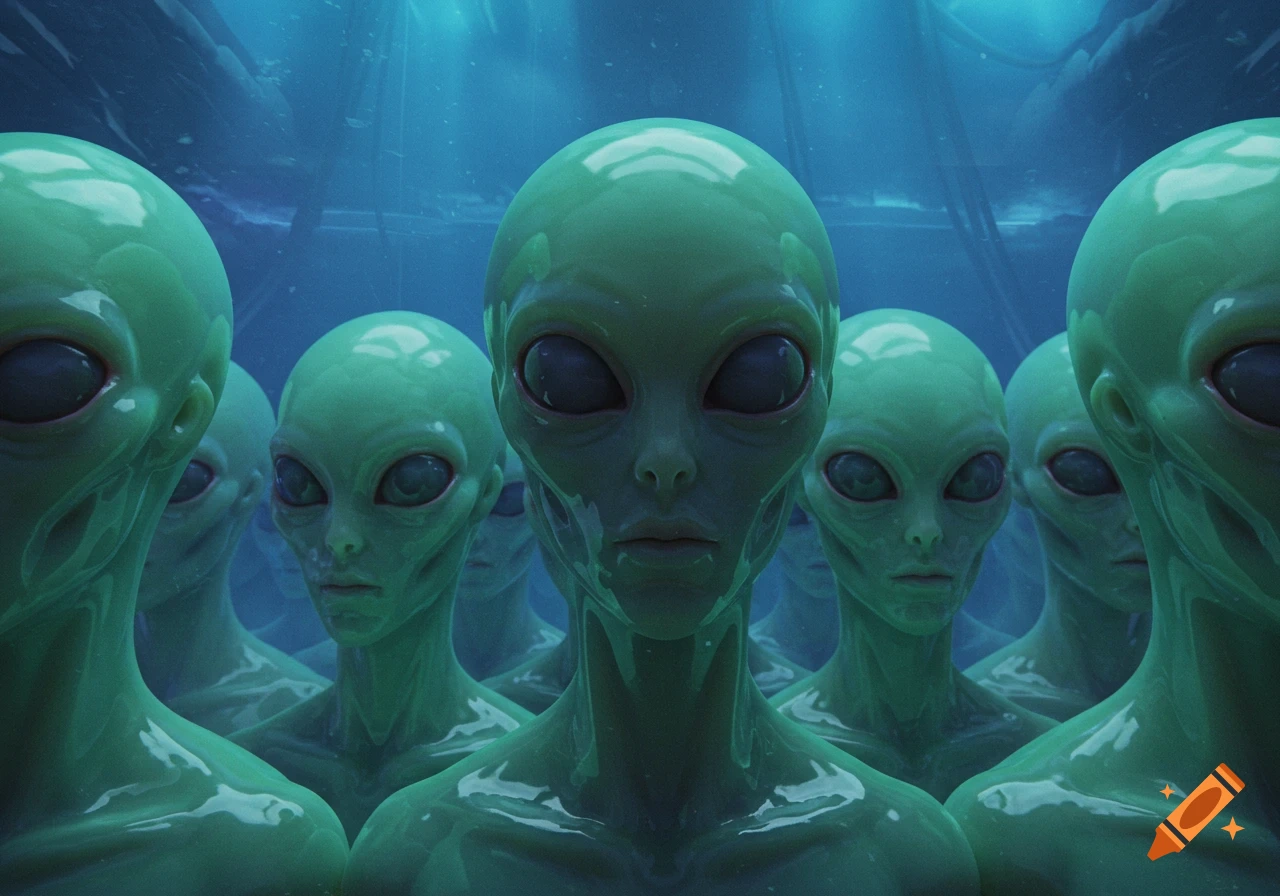 A group of eerie green-skinned aliens with large dark eyes stare directly at the viewer in a bluish-green, watery environment.