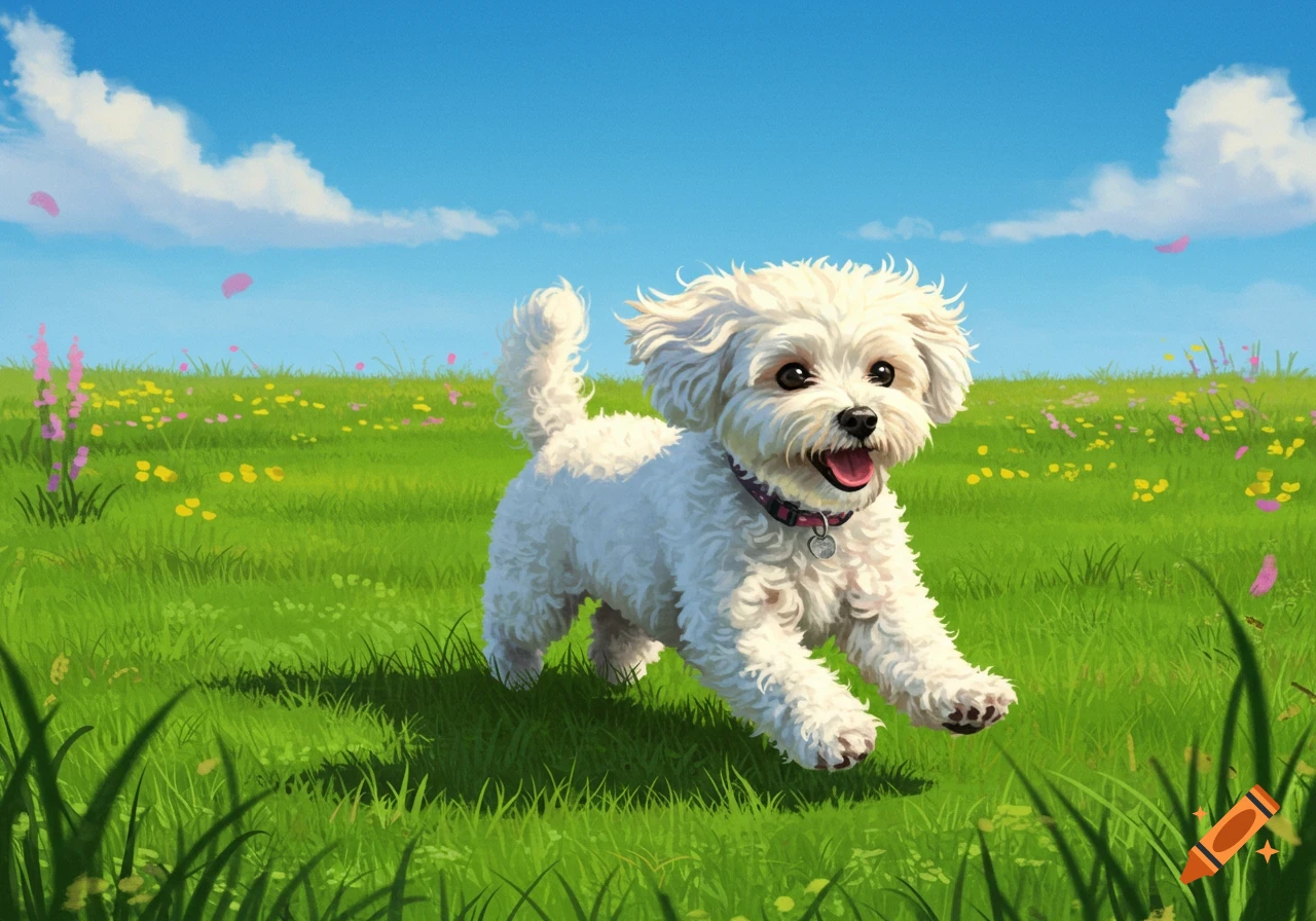 A fluffy white Maltese dog runs happily through a vibrant green field under a clear blue sky.