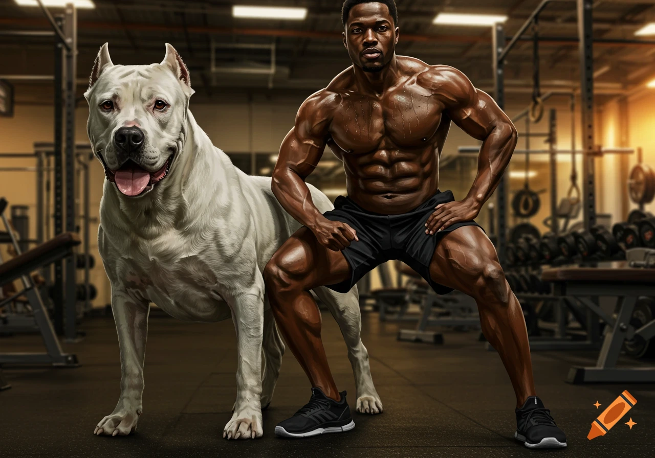 Photorealistic image of a muscular man in a gym, posing next to a large white Dogo Argentino dog.