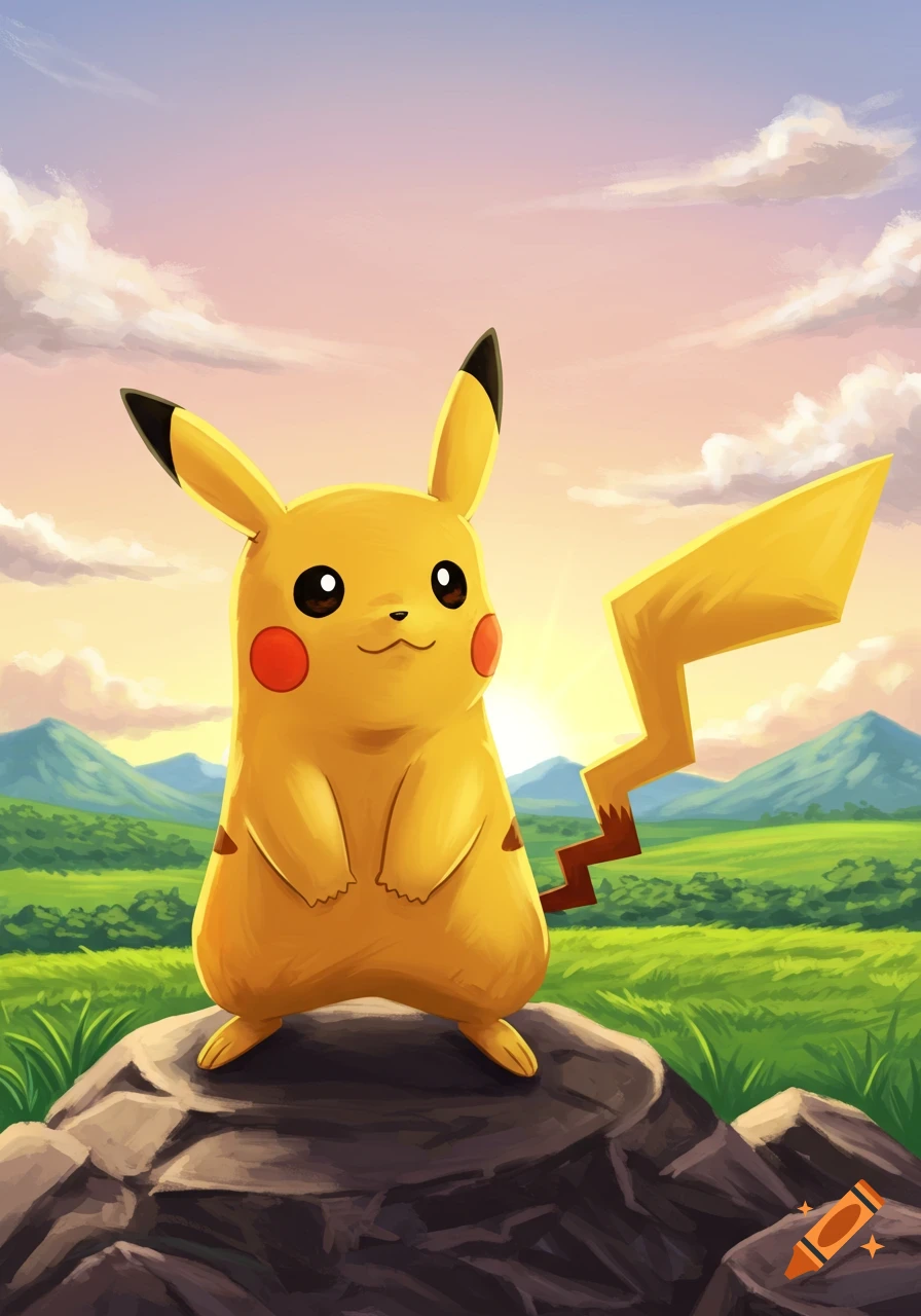 A yellow Pikachu stands on a rock in a vibrant landscape with green hills and a sunset sky.