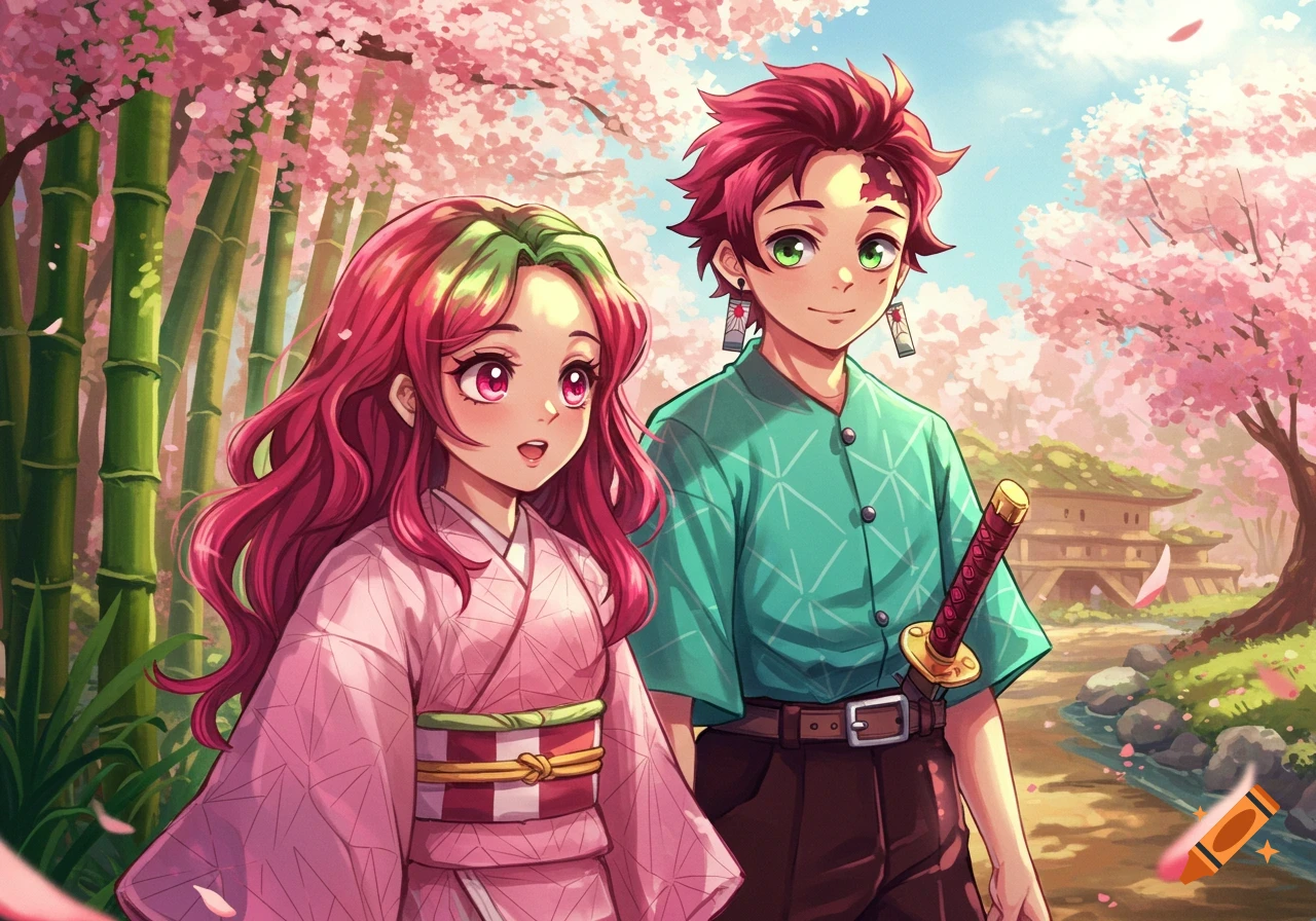 An anime boy and girl, with reddish and pinkish-red hair respectively, walk along a path lined with cherry blossoms and bamboo.