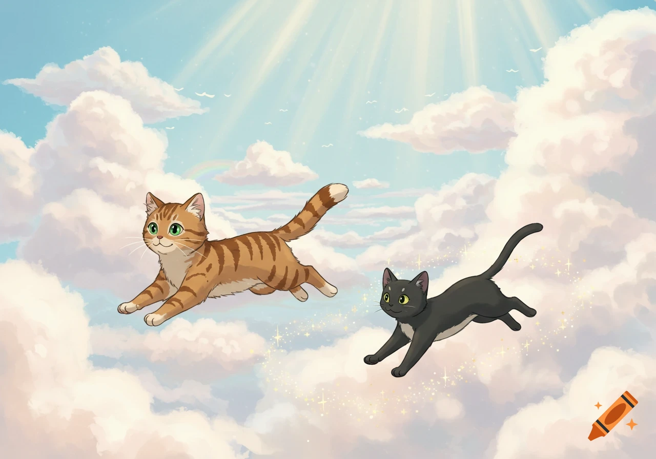 Two cartoon cats, one orange tabby and one black, float among fluffy clouds in a Ghibli-style sunny sky with a rainbow.