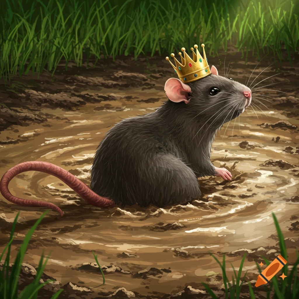 A king rat with a golden crown sits in thick brown mud, surrounded by green grass.
