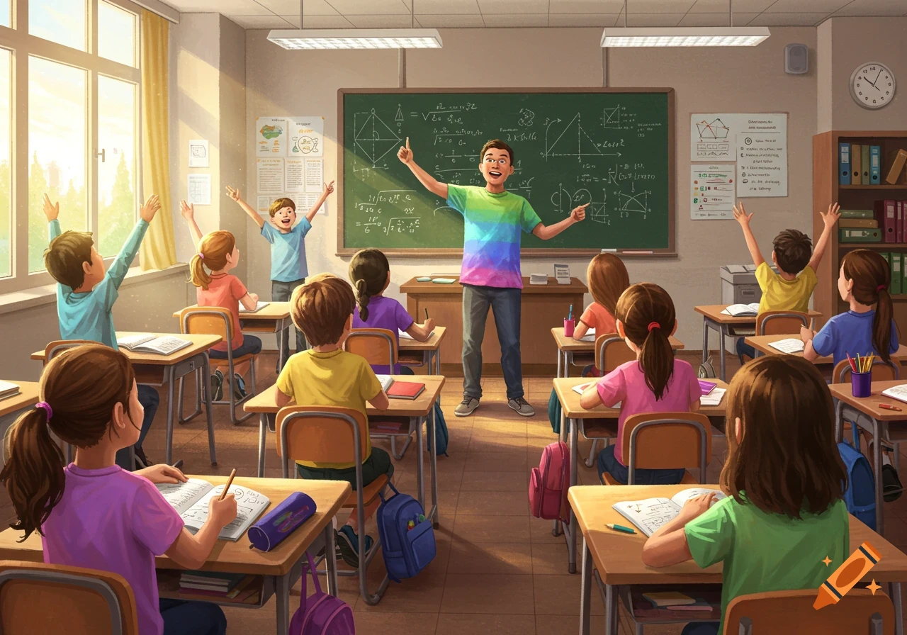 Bright, colorful illustration of a male teacher in a rainbow shirt teaching a math class to diverse students in a classroom, some raising hands, one writing.