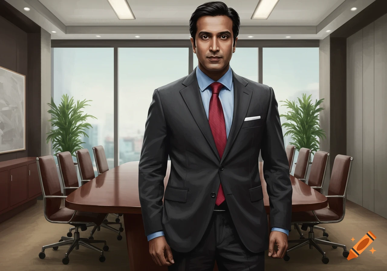 A photorealistic portrait of an Indian businessman in a black suit, blue shirt, and red tie, standing in a modern office meeting room.