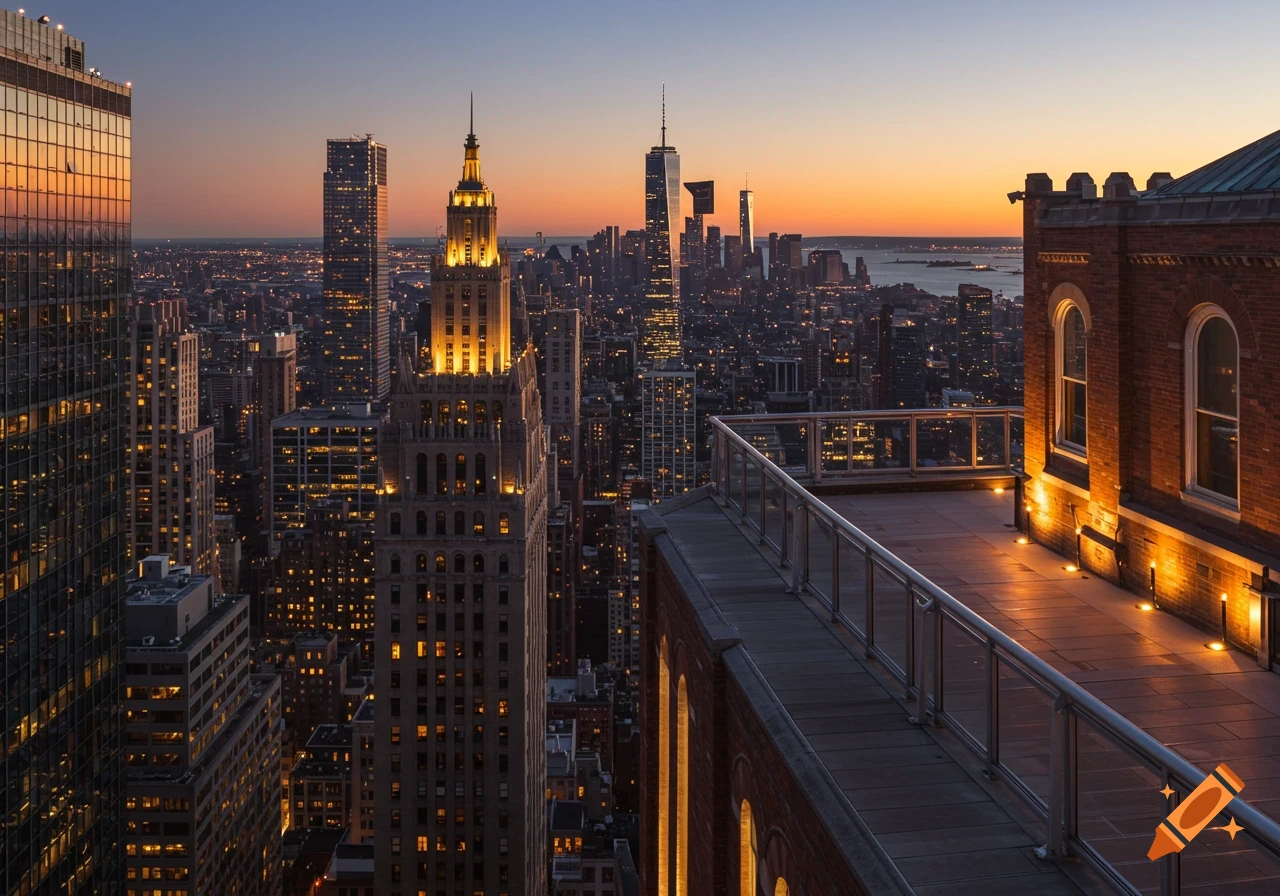 An aerial view of a city skyline at sunset from a rooftop, with illuminated skyscrapers and a warm orange sky, photorealistic.