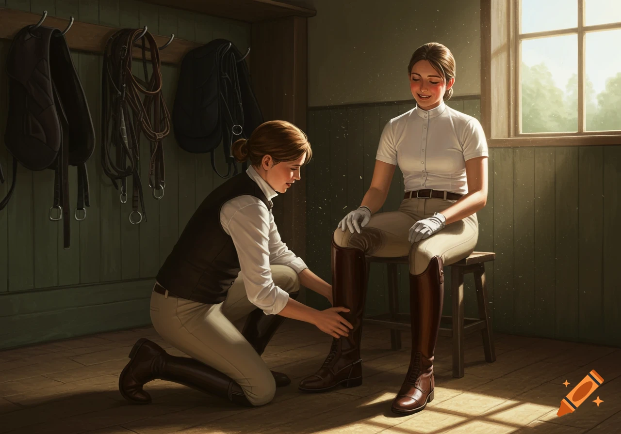 A woman kneels to help another, seated, remove her tall brown equestrian boots in a sunlit tack room.