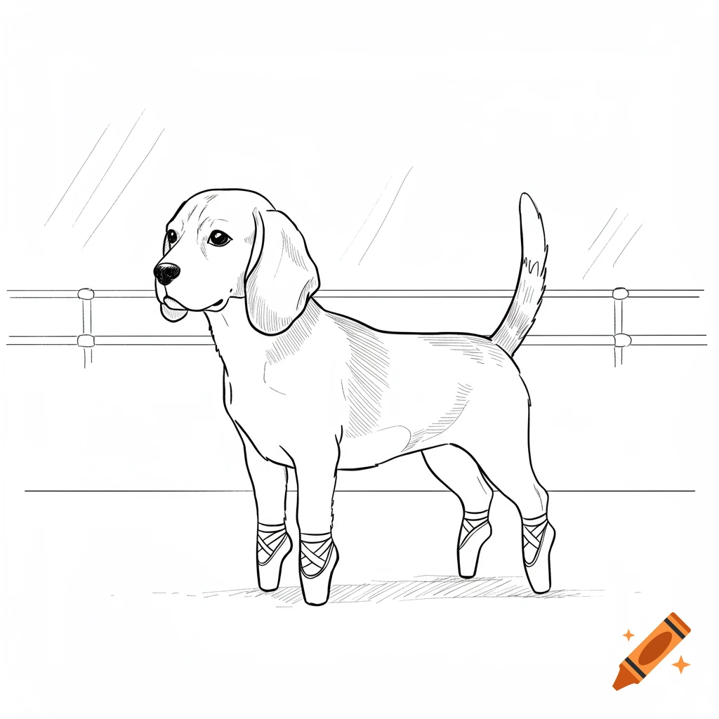 A simple line drawing of a beagle wearing pointe ballet shoes in a ballet studio with barres and mirrors.