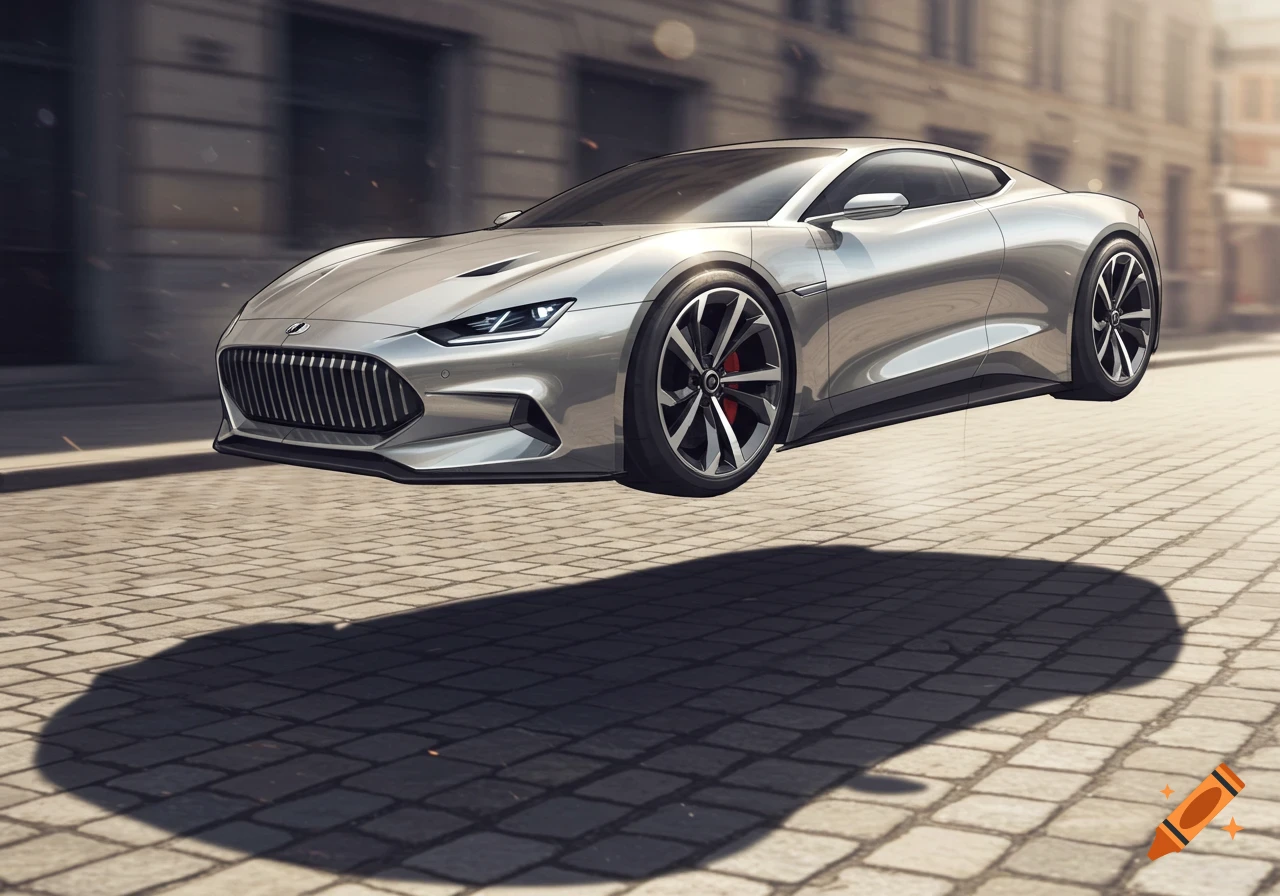 A sleek, silver futuristic concept car levitates above a cobblestone street in an urban setting.