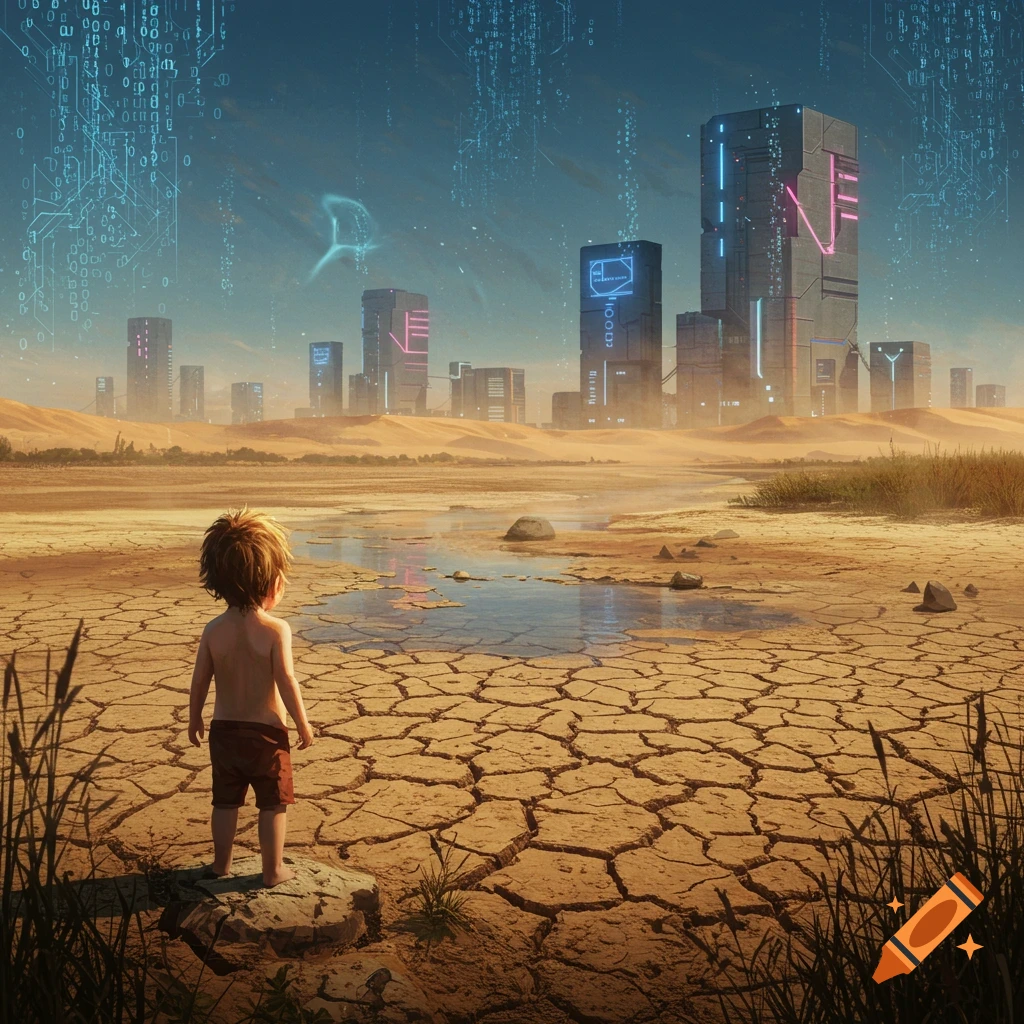 A child stands on cracked earth in a dry desert, looking towards futuristic city buildings with digital patterns in the hazy distance.