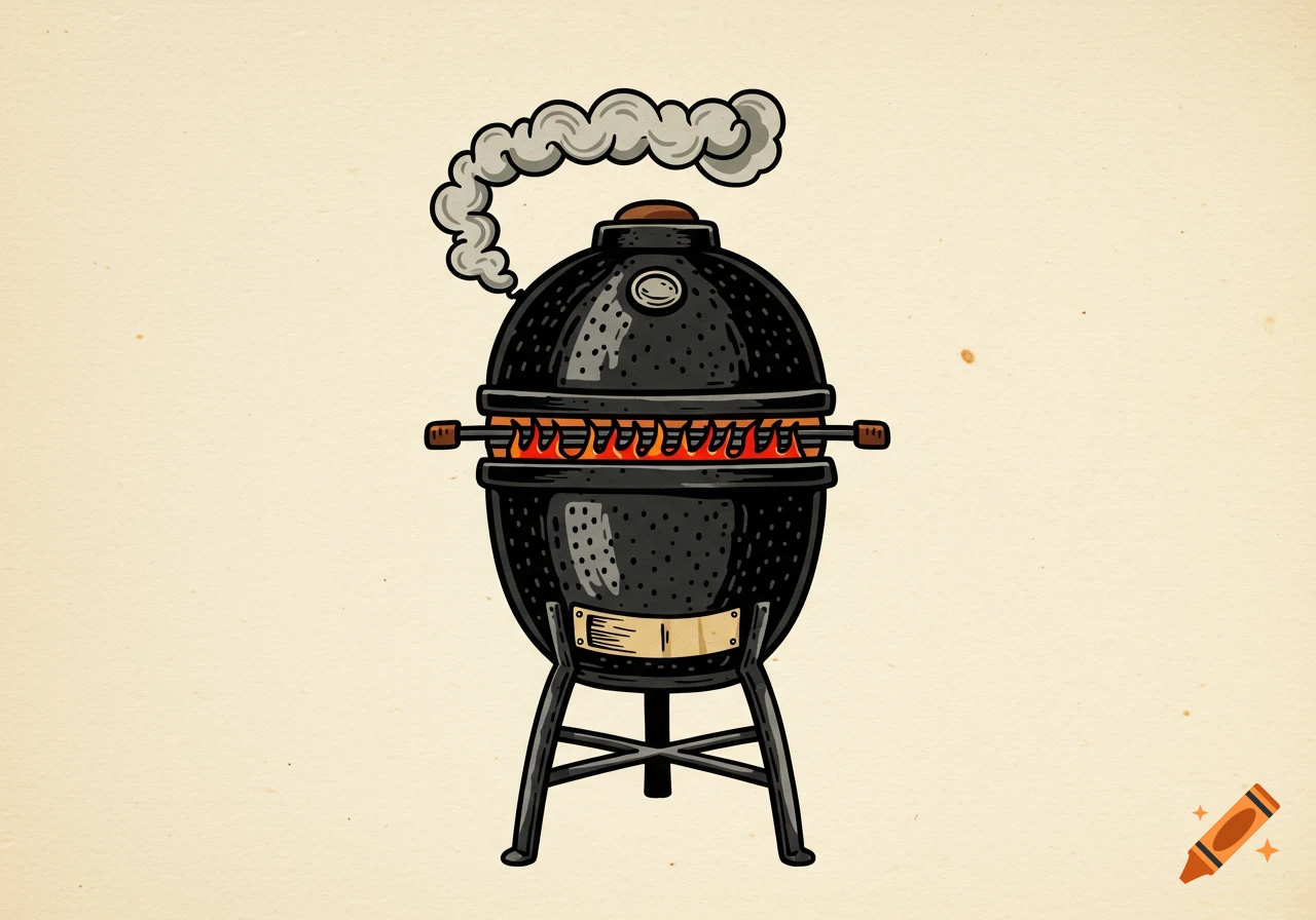 A black Sailor Jerry-style kamado grill on a stand, with flames escaping and smoke rising, on a textured beige background.