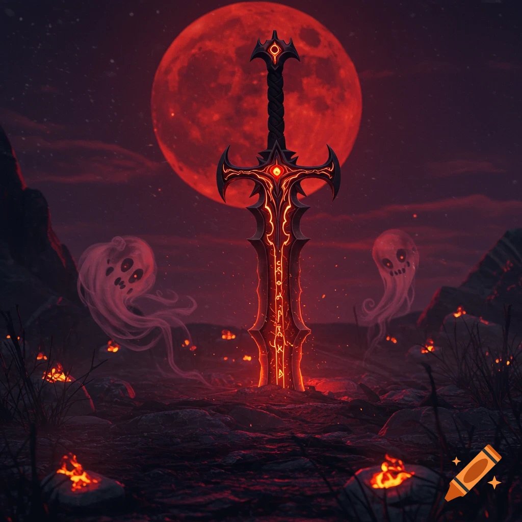 A glowing, ornate dark fantasy sword plunged into dark ground under a blood-red moon, with two ghostly figures floating nearby.