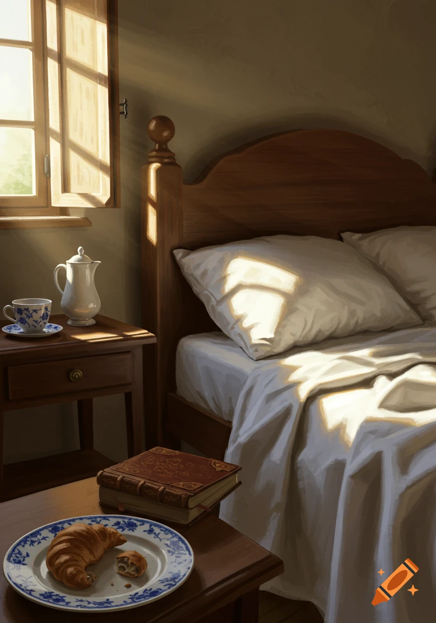 Sunlit bedroom with a wooden bed, a nightstand holding a coffee pot and cup, and a table with a book and croissant.