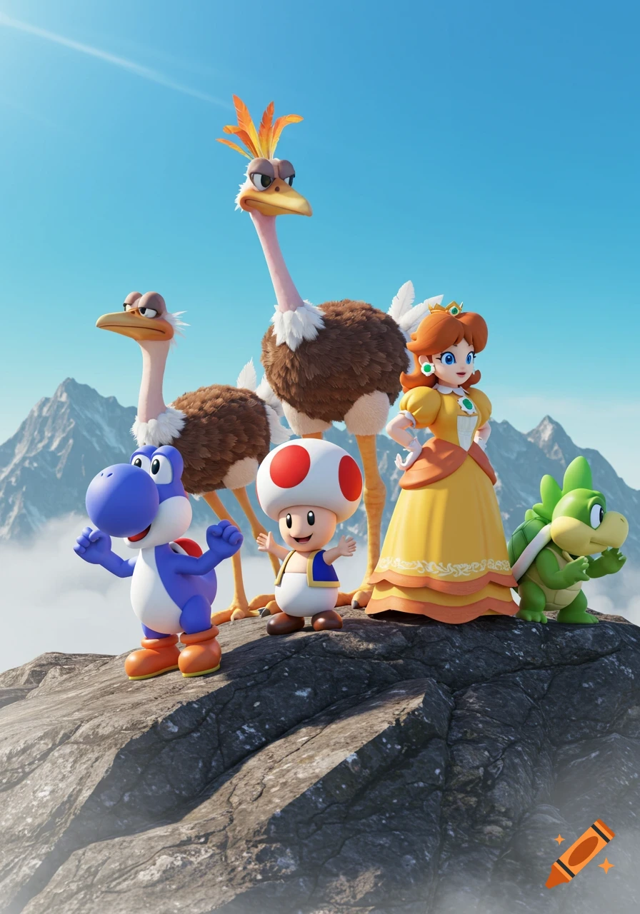 3D rendered Mario characters: Blue Yoshi, Toad, Princess Daisy, and Spike, with two ostriches, on a mountain peak.