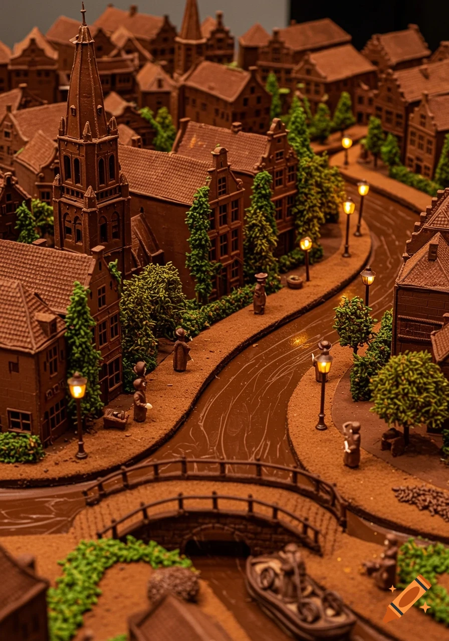 A detailed miniature city sculpted from dark chocolate, featuring buildings, a canal, bridge, trees, streetlights, and tiny figures.