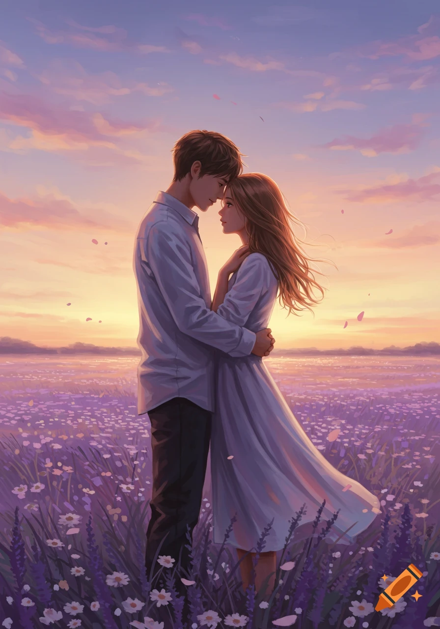 A couple in a tender embrace, foreheads touching, in a vast lavender field under a vibrant pink and orange sunset sky, digital painting.
