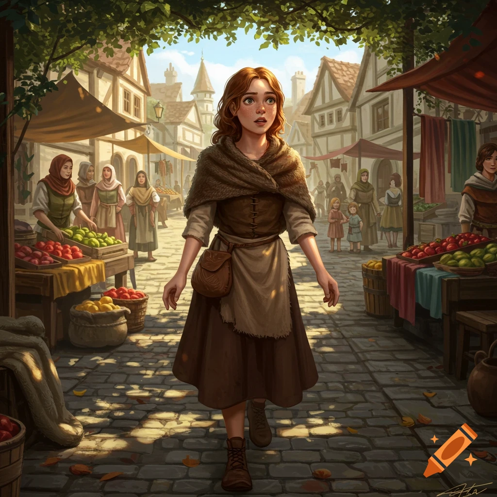 A red-haired peasant girl walks through a lively medieval market under trees, with stalls, vendors, and villagers.