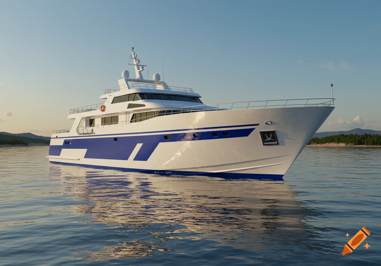 A white and blue luxury yacht floats on calm water with distant forested mountains under a clear sky.