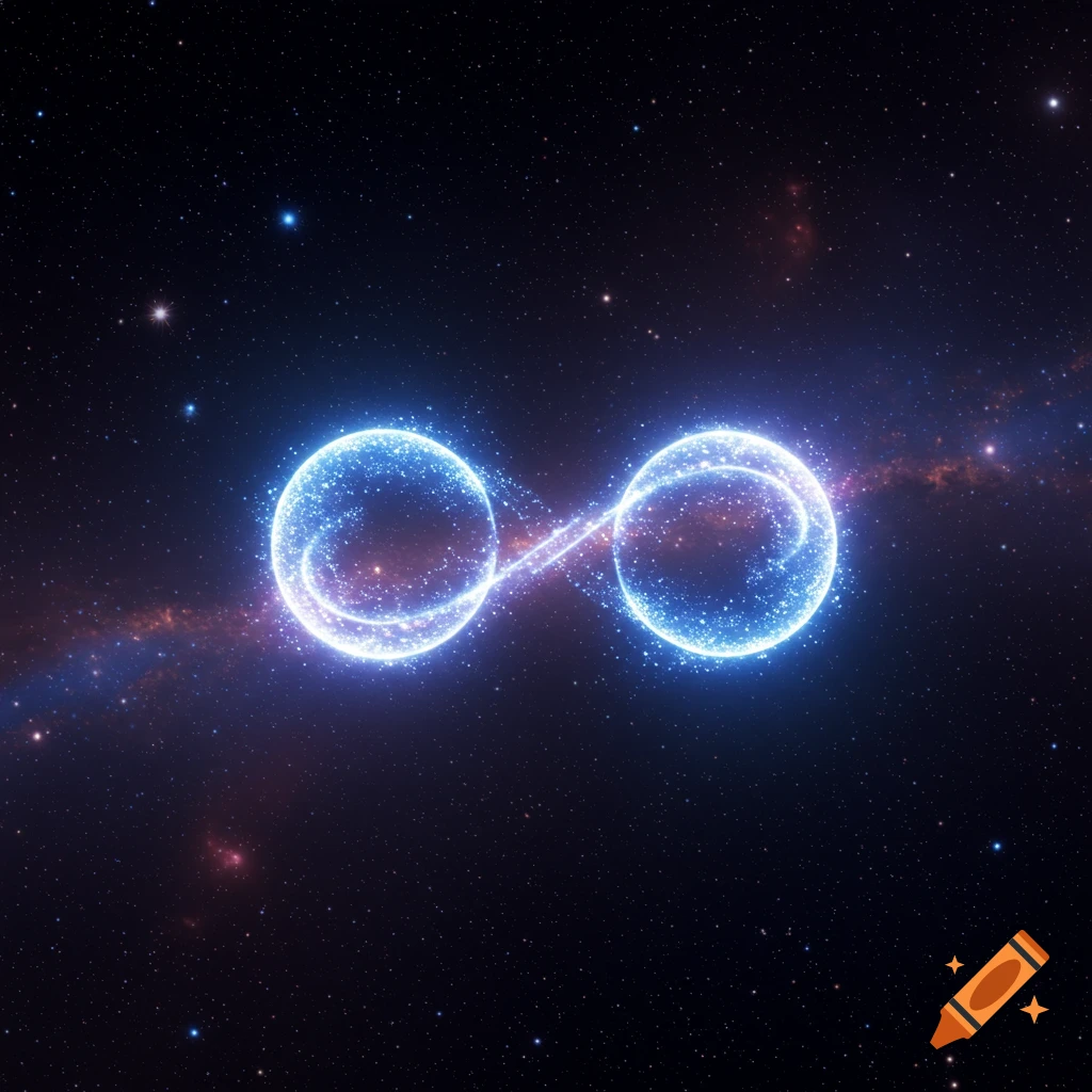 Two glowing blue orbs connected by a spiraling stream of particles, set against a dark starry cosmic background.