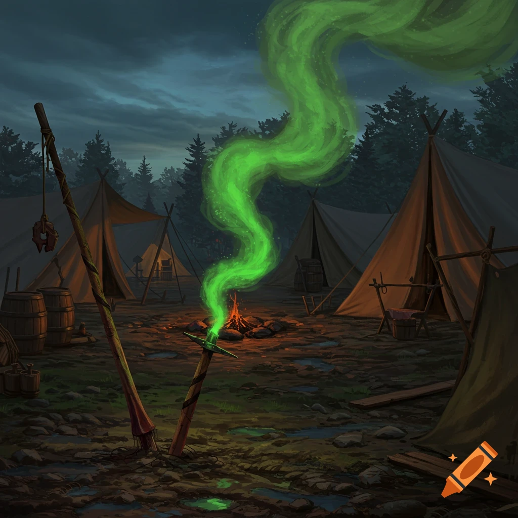 A fantasy campsite at night. A sword with green glowing smoke coming from its hilt is stuck in muddy ground near a campfire and tents.