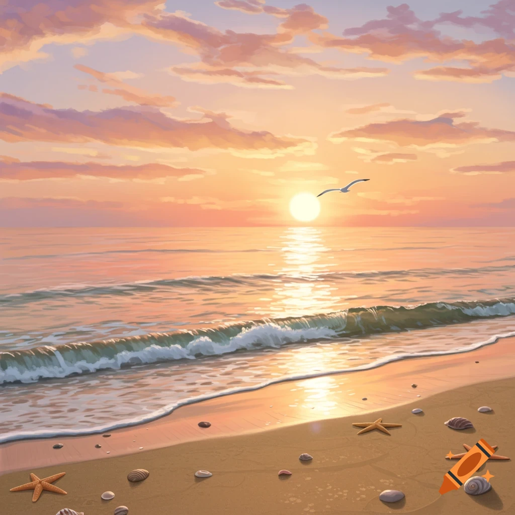 A vibrant sunset over a calm ocean beach with waves, scattered seashells and starfish, and a seagull flying.