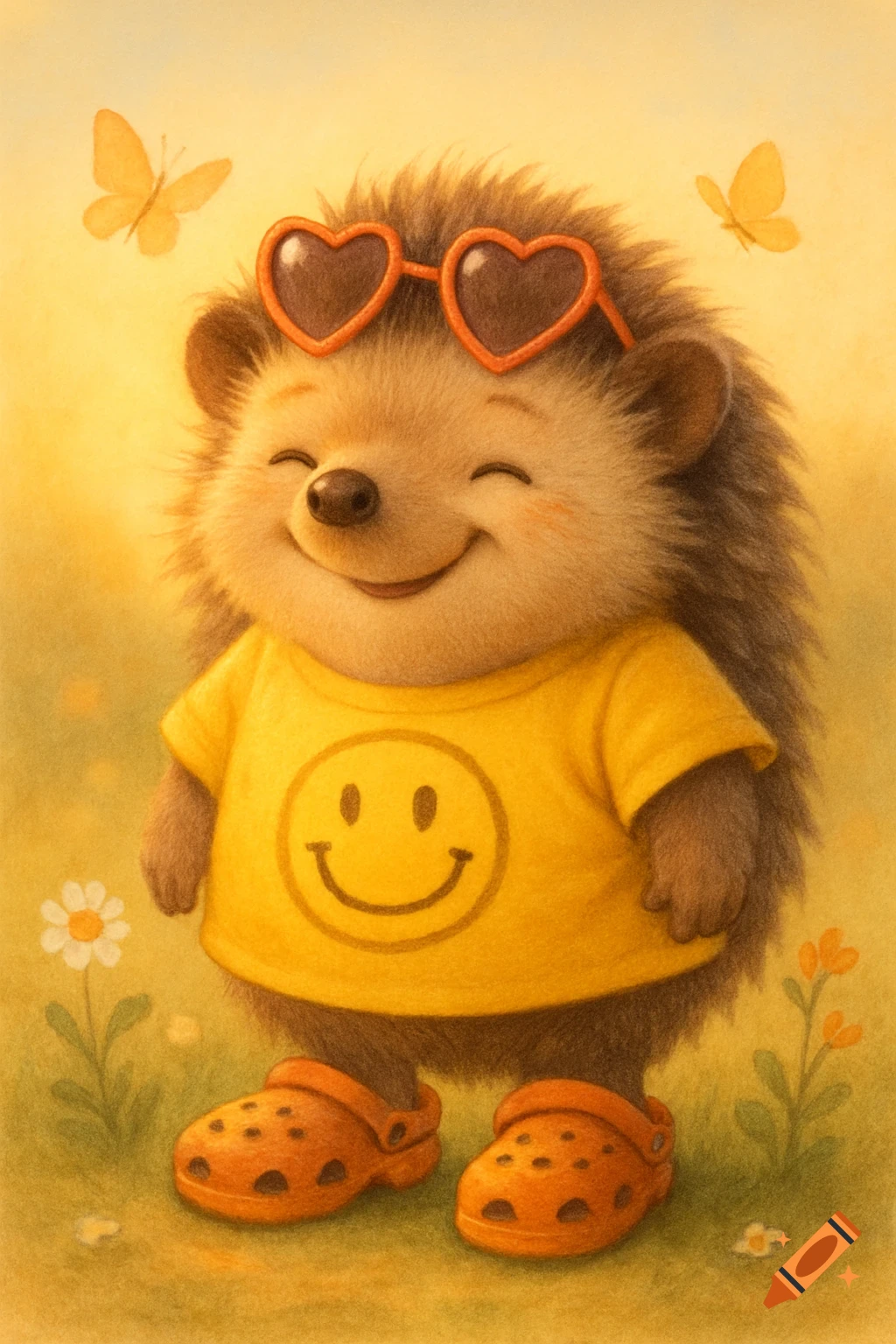 A cute hedgehog in heart sunglasses, a smiley face t-shirt, and orange crocs stands in a sunny field with butterflies, digital illustration.