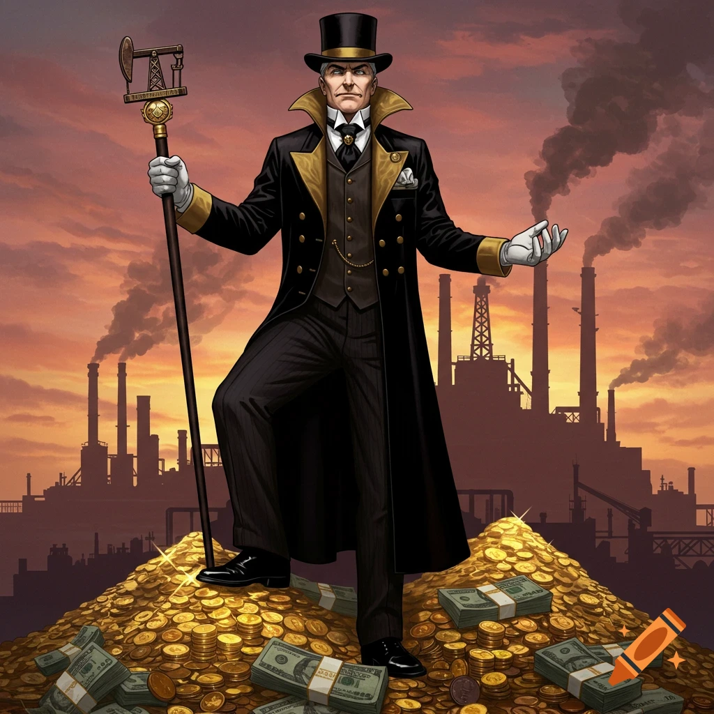 A wealthy supervillain in a top hat and long coat stands on a pile of gold coins and cash, with factories smoking in the industrial background.