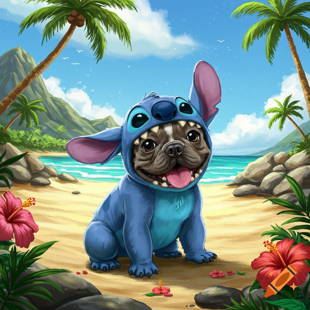 An illustration of a happy French Bulldog in a Stitch costume on a tropical beach with palm trees and ocean.