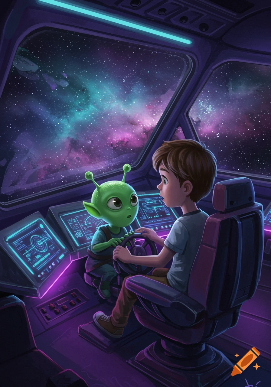 A cute green alien and a young boy sit in the cockpit of a spaceship, looking out at a vibrant purple and blue galaxy. Digital art.