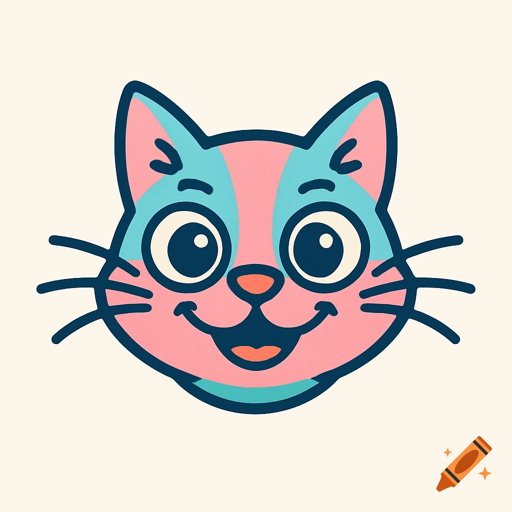A vibrant cartoon cat face logo with pink and blue patches, large eyes, and a wide smile, outlined in dark blue on a cream background.