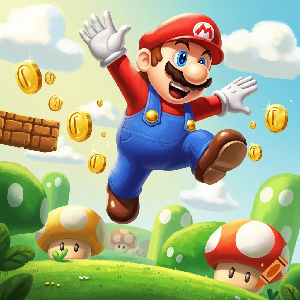 Mario jumps joyfully among floating gold coins in a vibrant, cartoonish landscape with green hills and mushrooms.