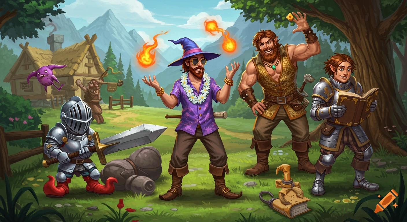 Humorous cartoony fantasy illustration of a wizard, warrior, and knight with a small purple monster in a vibrant mountain and forest setting.