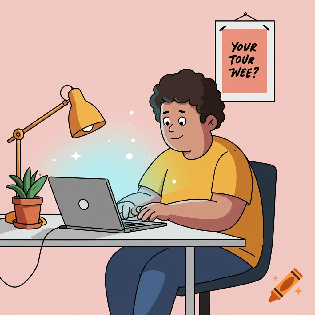 A simple cartoon man sitting at a desk, typing on a glowing laptop with a lamp and plant nearby.