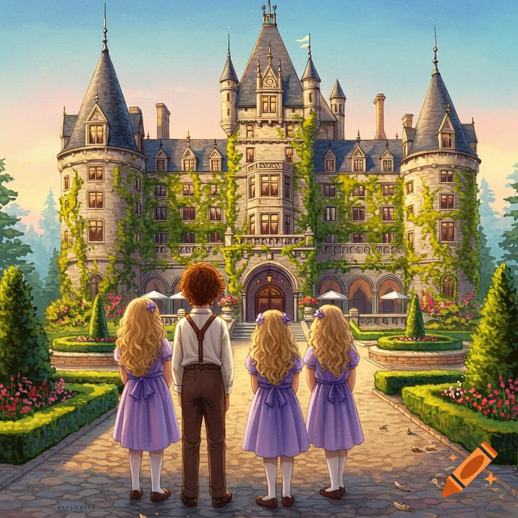 A boy and three girls with long blonde hair, seen from behind, stand on a cobblestone path looking up at a grand, ivy-covered castle hotel with spires and turrets under a clear sky. The scene is in a drawn, illustrative style.